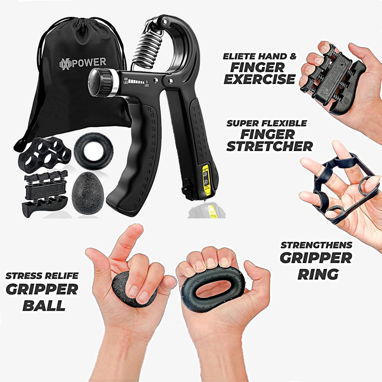 5 Pack XPOWER® Ultimate Hand Grip Strengthener Trainer Kit