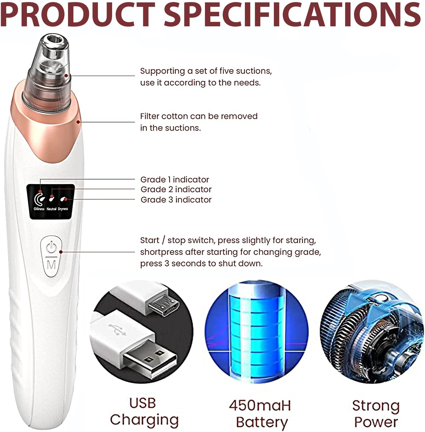 XPOWER Handheld Blackhead Remover Vacuum with 5pcs